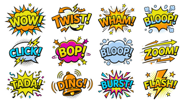 Vibrant comic bubbles set featuring wow twist wham bloop.