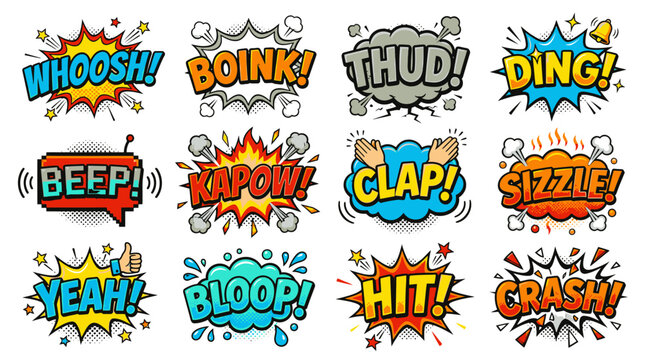 Vibrant comic bubbles with sizzle and thud sound effects.