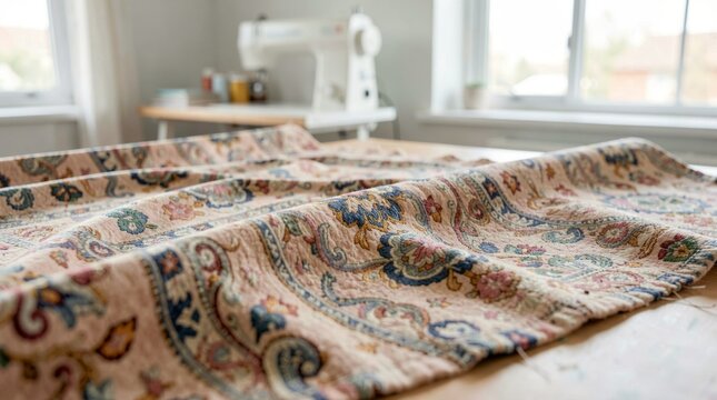 Close-up of a patterned fabric draped on a wooden table. A sewing machine is visible in the background, emphasizing textile texture and craftsmanship.