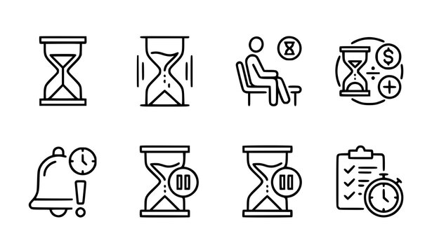 Time management icons set hourglass waiting deadline productivity and efficiency concepts