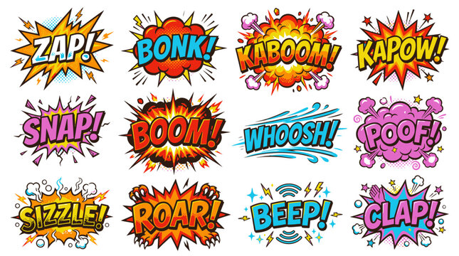 Vibrant Comic Sound Effects Set with Action Speech Bubbles
