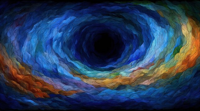 Swirling vortex of rich, textured colors draws the eye toward a dark central void