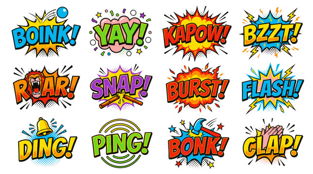 Vibrant comic speech bubbles with Roar and Kapow.