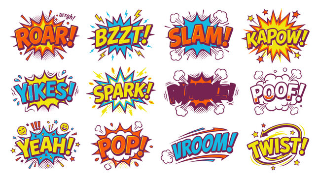 Vibrant comic style action sound effect stickers set.
