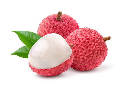 Juicy Lychee with cut in half  isolated on white.