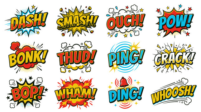 Vibrant comic sound effects collection on plain white background.