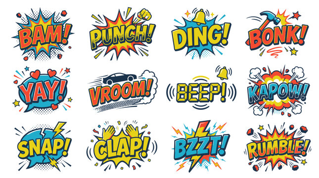 Vibrant comic sound effects collection with punch and vroom words.