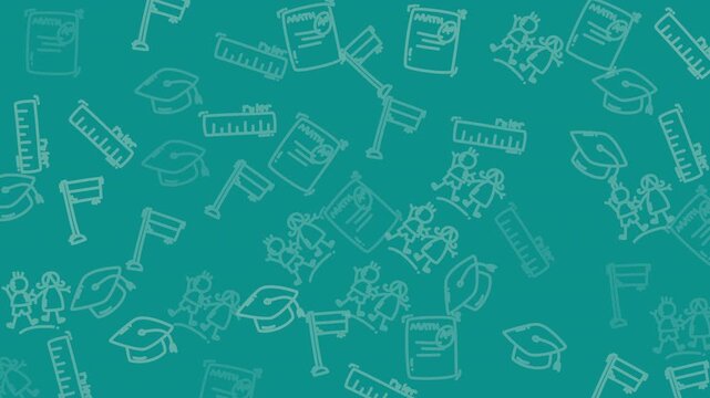 Graduation celebration concept with academic symbols like caps, rulers, school flags, children sketches on a teal background pattern. Suitable for educational designs.