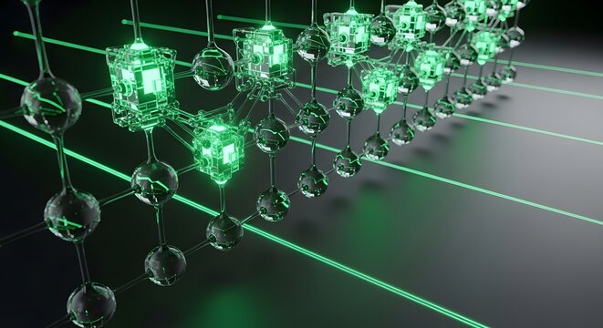 Glowing green binary matrix data network spanning across cyberspace