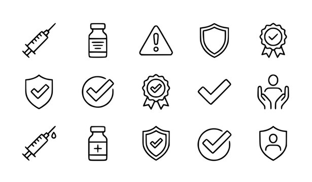 Medical icons set vaccination safety healthcare and trust symbols in line art style