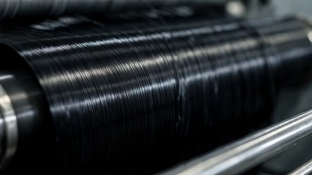 Closeup medium shot capturing pitchbased precursor fibers in the spinning stage highlighting the glossy texture and precise alignment in preparation for carbon fiber production.
