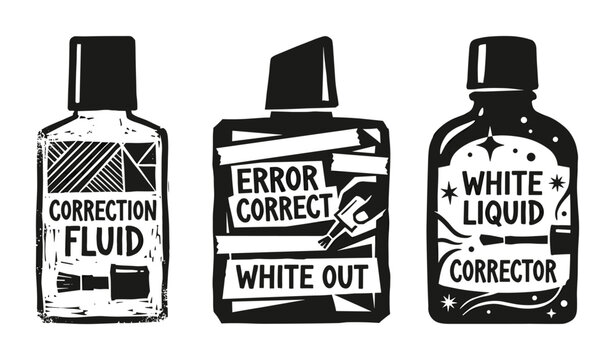 Set of stationery correction fluid bottle silhouettes for office