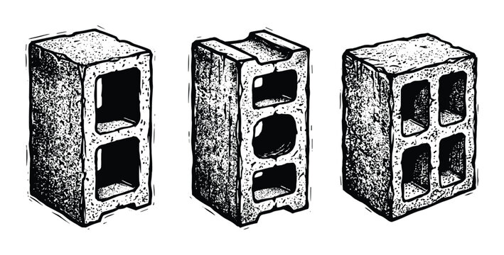 Three concrete cinder blocks with different holes isolated on white