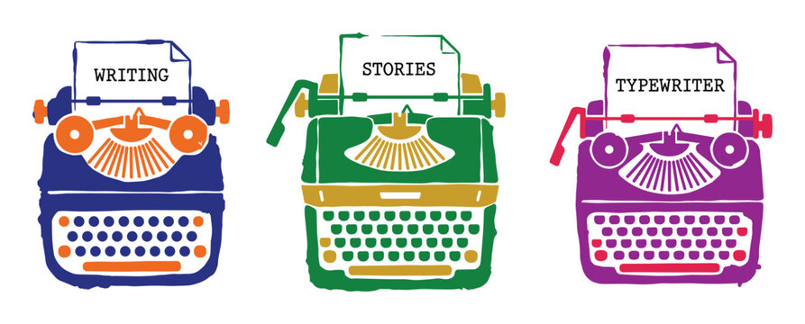 Old typewriters with writing stories and text