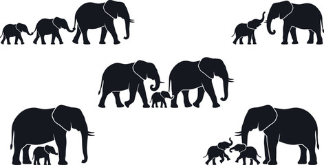 Elephant Family Silhouette Collection with Mother and Baby Wildlife Scenes Showcasing Care Protection and Social Behavior Vector Set © MstSuborna