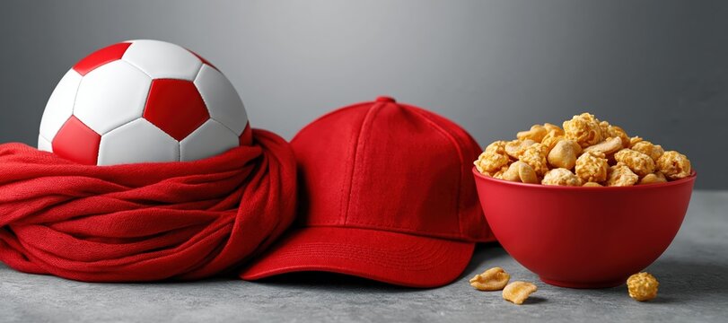 Football fan kit with ball, red scarf, cap, and snack bowl for sports advertising