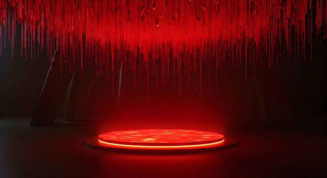 Dramatic red stage with glowing platform and hanging lights