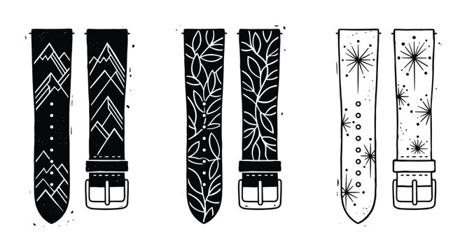 Collection of watch straps with various patterns isolated on transparent