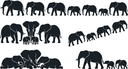 African Elephant Family Silhouette Set Featuring Herd Migration Parenting and Social Wildlife Behavior Scenes in Vector Illustration Collection © MstSuborna