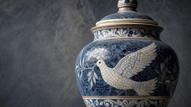 Close-up of a ceramic urn with a blue and white mosaic dove pattern.