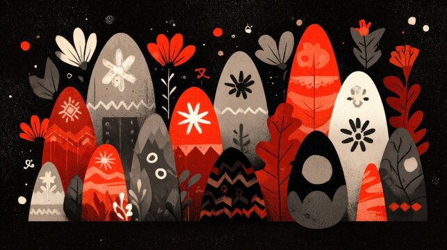 Stylized assemblage of large, decorated ovoid shapes interspersed with abstract flora against a dark backdrop