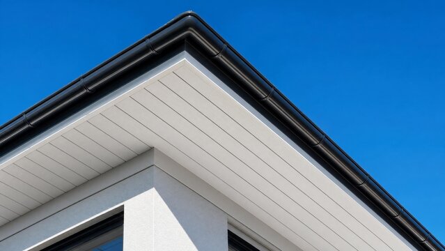 Clean white soffit board under eaves contrasting with dark rain gutter.