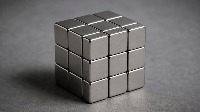 A solid cube formed by powerful silver-gray magnets on a plain background.