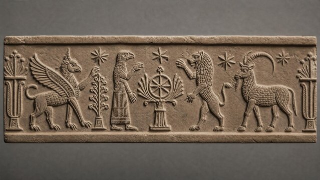 A detailed impression from a cylinder seal on clay, showing stylized mythological animals.