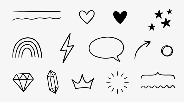 Minimalist hand drawn doodle set with hearts stars lightning bolt and decorative elements for creative graphic design projects