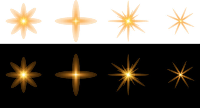 Golden Sparkling Light Effects, Transparent Starburst Lens Flare, and Glow Vectors. This vector set features glowing stars, bright bursts.