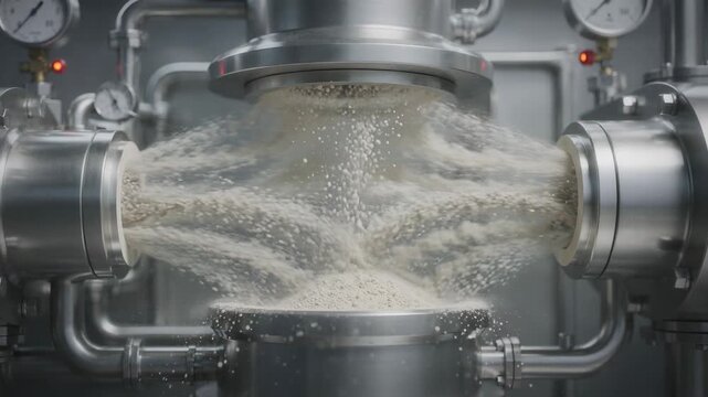 Closeup medium shot of regular fine pigment milling in an advanced jet mill system emphasizing controlled particle size distribution for optimized paint and coating applications.
