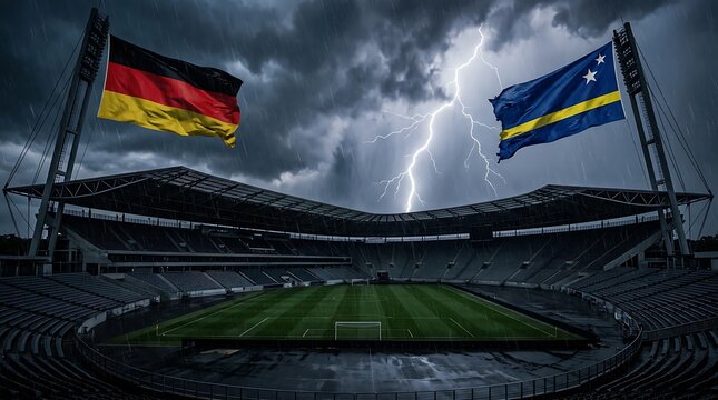 Germany and curacao flags over soccer stadium during dramatic thunderstorm with lightning