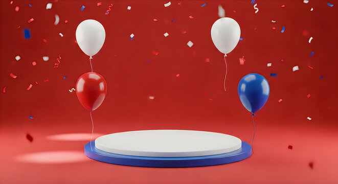 Festive product display platform with red white and blue balloons and confetti ideal for promotional content
