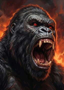 Furious silverback gorilla roaring with glowing red eyes in hellfire.