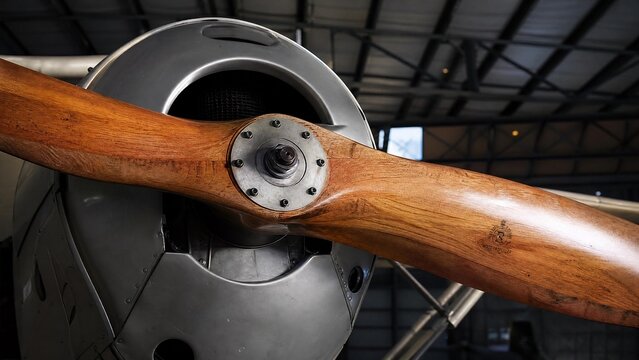 The wooden propeller of a vintage monoplane in a quiet hangar.