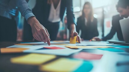 Obraz premium Business team brainstorming and planning strategy with sticky notes on a table in a modern office
