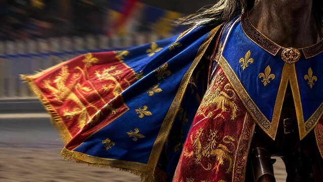 A medieval caparison billowing in the wind with vibrant colors.