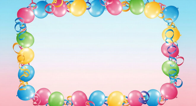Colorful balloons & streamers frame blank space