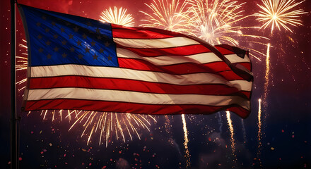 Waving american flag with vibrant fireworks display celebrating independence day in a patriotic scene