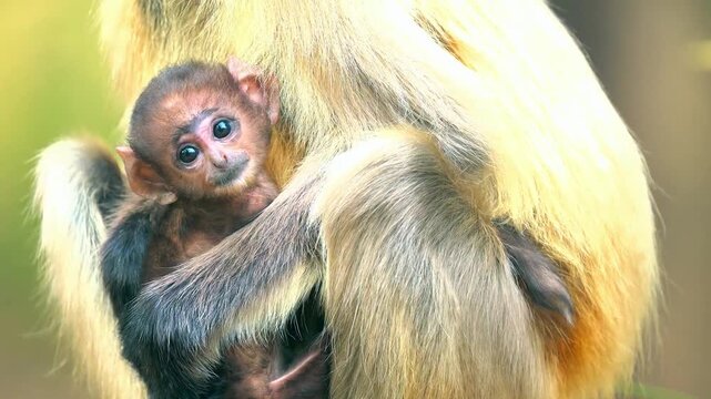 Close-up of baby langur monkey resting on mother's back in natural habitat.