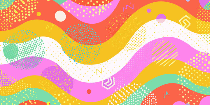 Abstract Memphis style vector background with wavy shapes and halftone dots