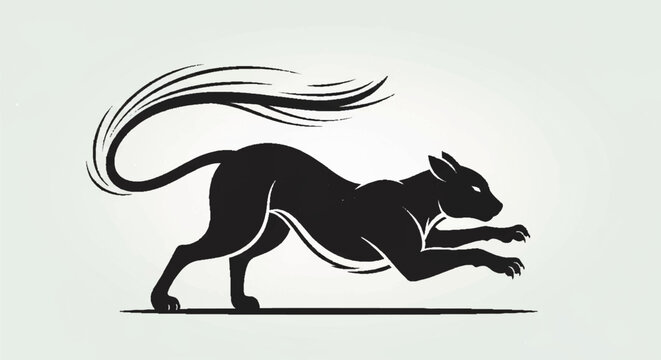 A black illustration of a running rabbit with a long tail on a light background.