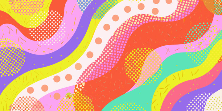 Abstract Memphis Style Vector Background With Colorful Wavy Shapes