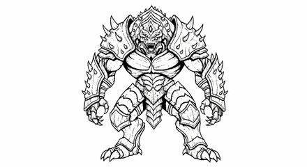 A muscular monster creature with sharp claws and armor stands aggressively outdoors. © Muh