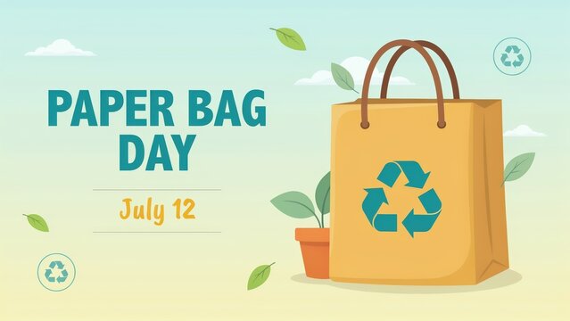 Paper Bag Day July 12 concept with recycling symbol and leaves on sky background