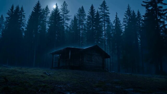 Remote Forest Cabin at Night for Horror Film Background, Spooky Wilderness Retreat, Mystery Lodge in Dark Woods, Eerie Woodland Scene