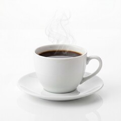 Obraz premium Steaming Hot Black Coffee In White Cup And Saucer Isolated On White