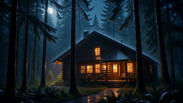 Remote Forest Cabin at Night for Wilderness Retreats and Cozy Getaways. Rustic Log House in Dark Woods with Warm Lights