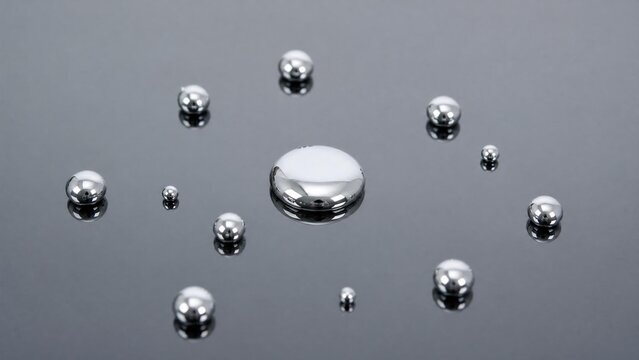 Mercury droplet scattered into silvery beads on a smooth, reflective surface.