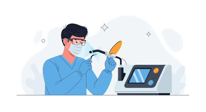 Dentist performing cosmetic dental procedure with curing light and dental unit